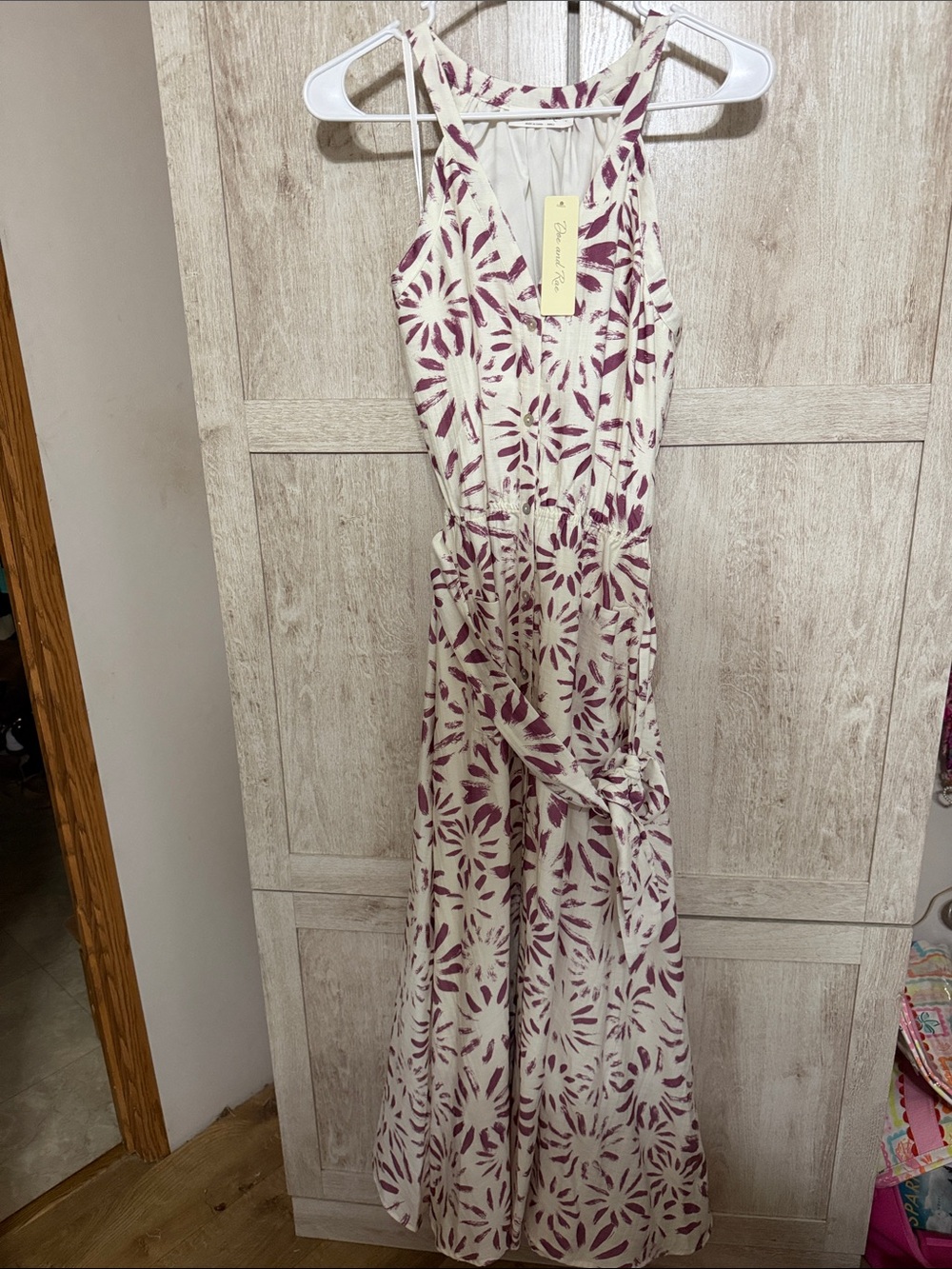Doe and Rae Sleeveless Cream and Plum Floral Motif dress with Tie Waist